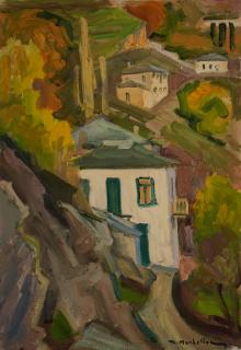 Makrinitsa from Above: Village Houses and Sky — Oil painting, Canvas, 35.00×50.00cm — Theodoros Markellos